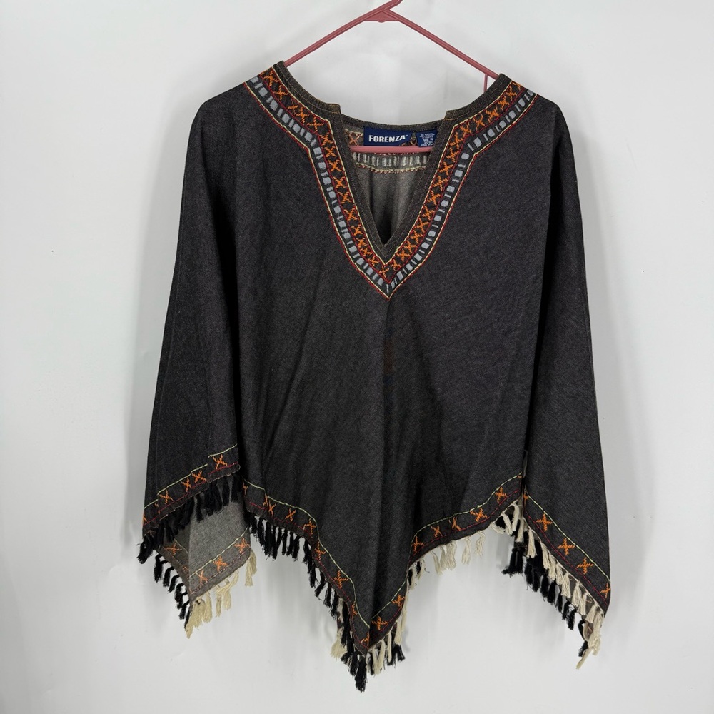 Forenza 100% cotton embroidered fringe poncho size 14